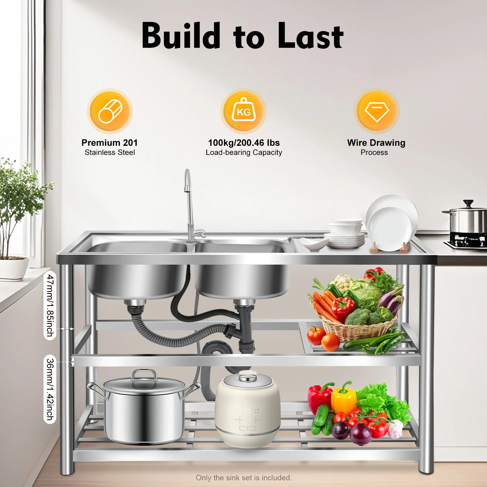 

Outdoor Utility Sink Stainless Steel Double Bowl Sink,Free Standing Commercial Restaurant Kitchen Sink, Three-tier Design