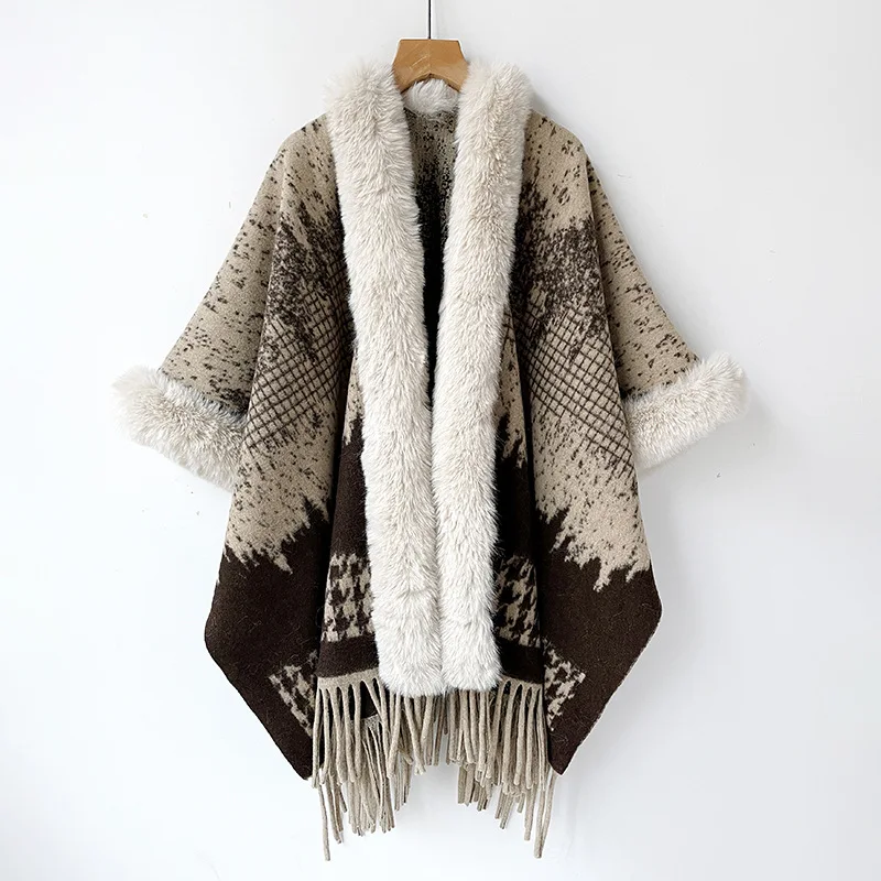 Plus Size Women's Poncho Knitted Cashmere Shawl Coat Warm Autumn Winter Lady Pashmina Wrap with Fur Collar Cozy Wool Scarf Cloak