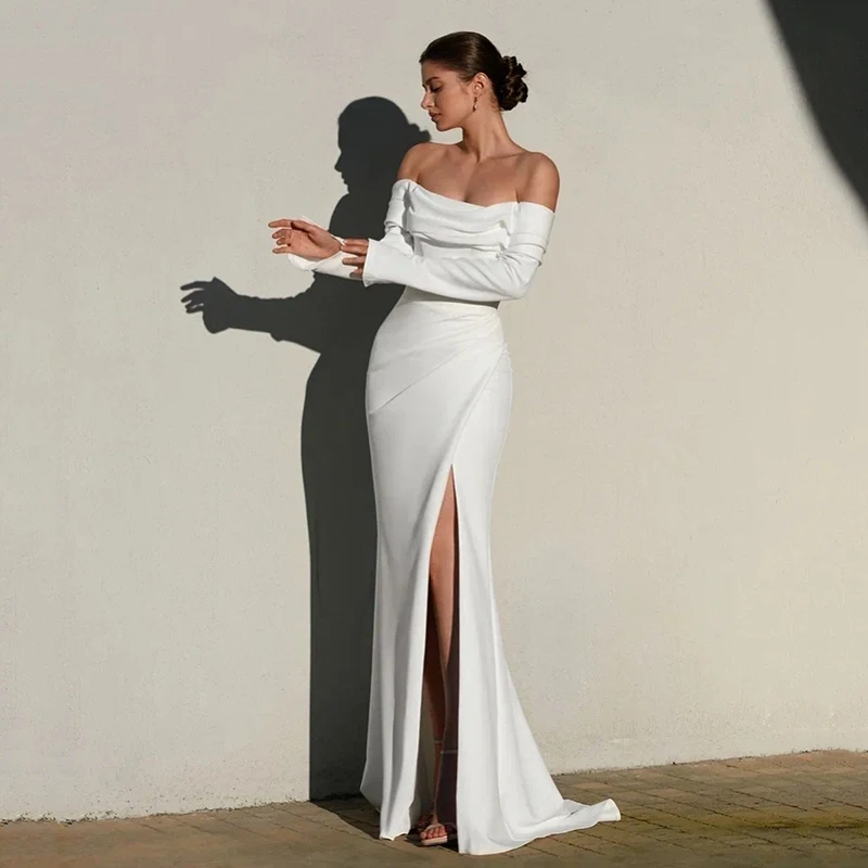 

Eightree White Mermaid Wedding Dresses Long Sleeve Off The Shoulder Wedding Gowns Women Bridal Evening Prom Dress Customized