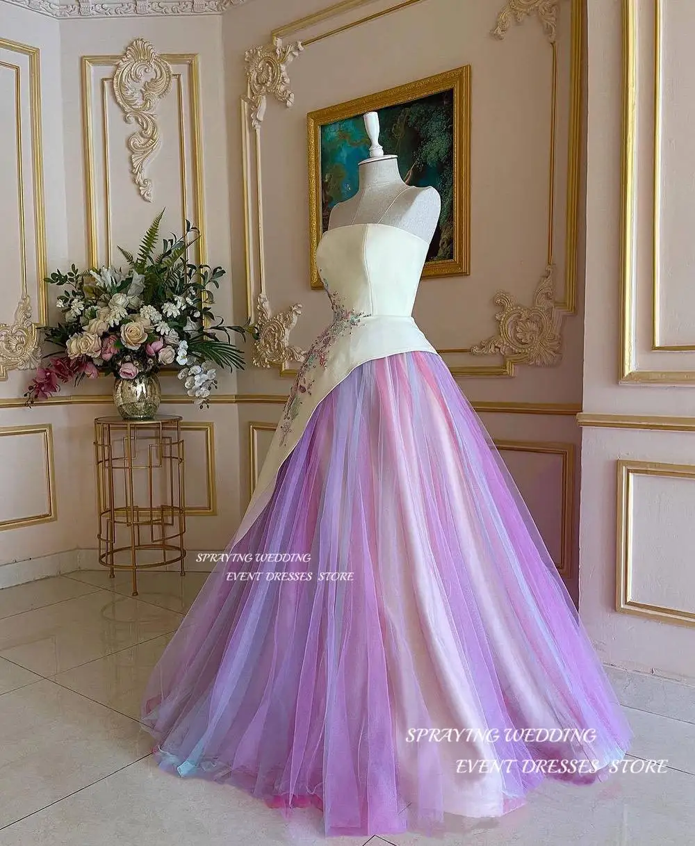 SPRAYING Special Color Block Evening Dress Colored Yarn Embroidery Prom Gown A Line Strapless Formal Occasion Dress Customized