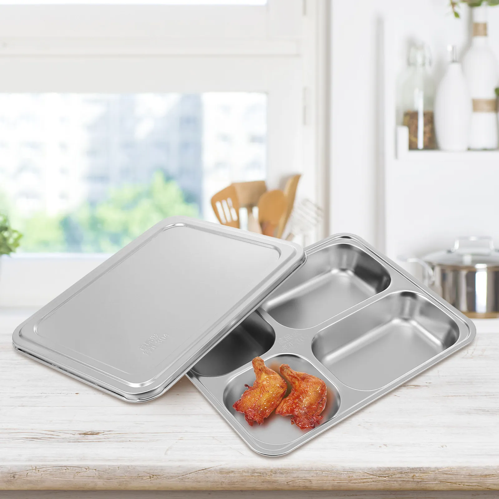 1Pcs Stainless Steel Divided Food Plate 304 Rectangular 4 Sections Lunch Compartment Tray Portion Control Dining Serving Tray