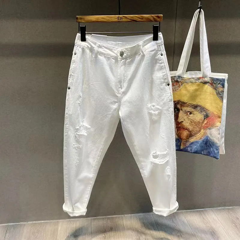 

Весенне-осенние белые мужские джинсы с тонкими отверстиями Harlan, модные прямые длинные брюки из хлопка, 95% триацетатное волокно, 5%