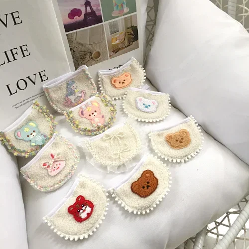 강아지 Mengmeng 만화 작은 동물 스티커 자수 타액 수건 고양이 조절 가능 귀여운 턱받이 애완견 턱받이