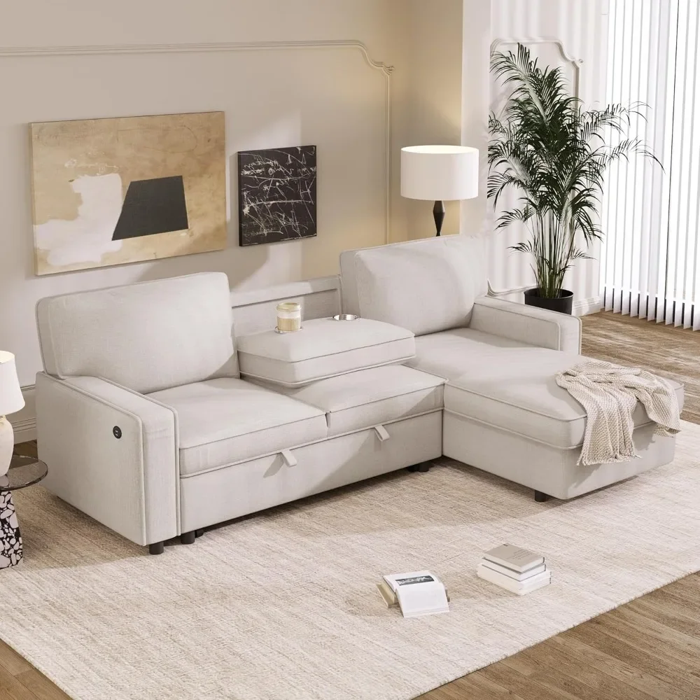 

Sleeper Sectional Sofa with Storage Space, USB Port, 2 Cup Holders on Back Cushions，Couch Couches，sectional Sofa Bed