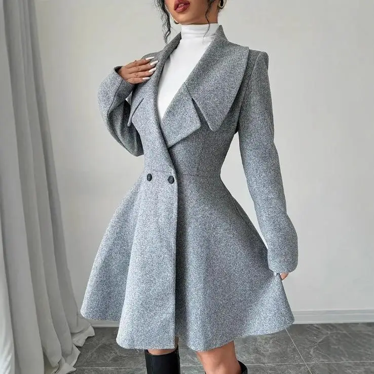 

Faionable Casual Tweed Coat Dr Women's Long Sve Double Breasted Lapel Slim Fit Outerwear Autumn Winter New Sle