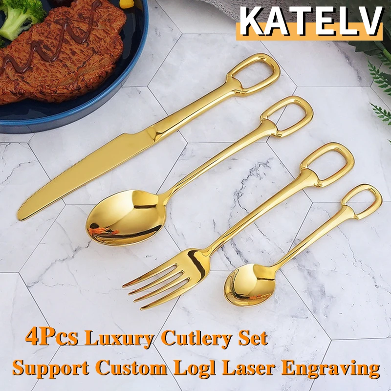 4Pcs Luxus Besteck Set Edelstahl Messer Gabel Löffel Geschirr Europäischen Geschirr Kreativität Hangable Design Unterstützung Logo