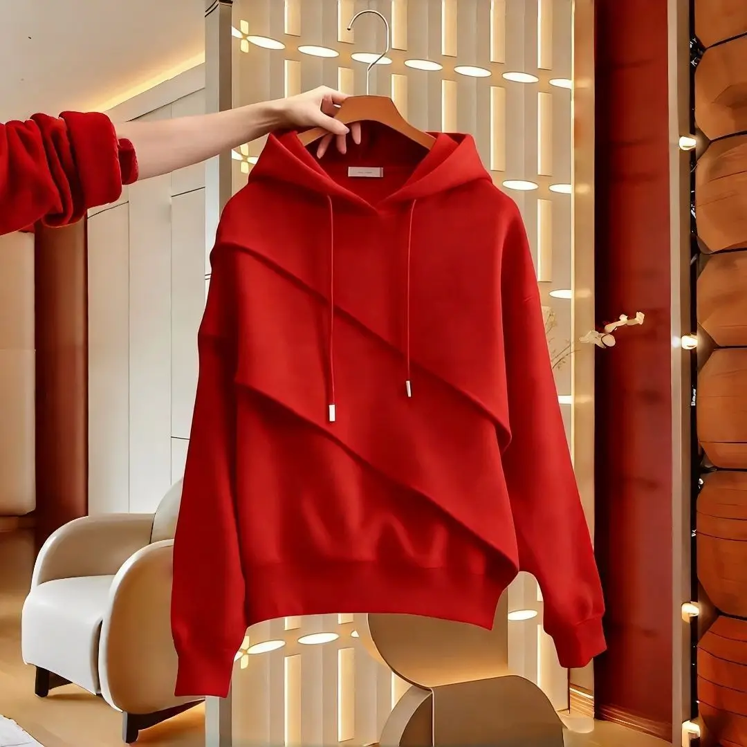 Women Solid Color Hoodie Casual Loose Pullover Sweatshirt Irregular Design Trendy Elegant Hooded Top Spring 2026