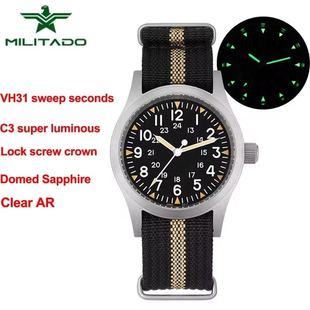 Reloj de campo militar Militado ML05 de 38mm VH31 movimiento de cuarzo de barrido cristal de zafiro abovedado resistente al agua relojes superluminosos de 100M AliExpress