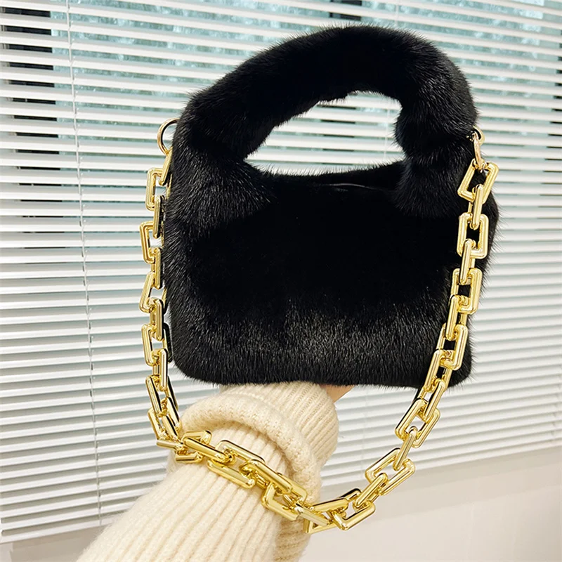 Luxury Women\'s Handheld Fur Bag Mink Hair Large Capacity Fashion Leopard Print Crossbody Bag Real Fur Versatile Chain Plush Bag