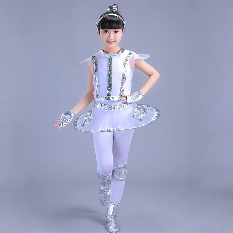 Costume de robot pour enfants, blanc, argent, astronome, performance spatiale, spectacle de danse sur scène, vêtements de temps, unisexe, garçon ou fille