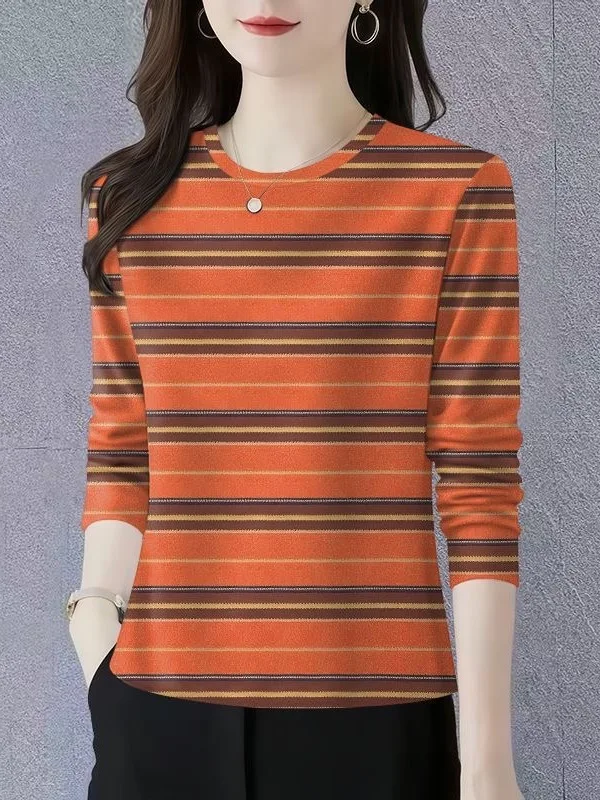 

Elegant Stripe Long Sleeve round Neck Top Anti-Aging Base Shirt for Middle-Aged Women Versatile Casual Polyester Fiber T-Shirt