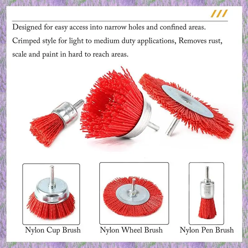 Juego de cepillos de copa y rueda de cepillo de alambre abrasivo de filamento de nailon de A63K-3 piezas con vástago de 1/4 de pulgada para eliminar óxido/corrosión/pintura