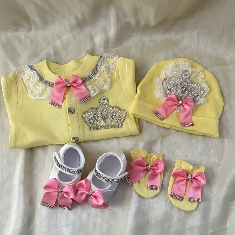 Dollbling Champage Newborn Baby Personalized Outfits 4 Pieces Origin Turkey Welcome Home Hospital Crown Jewelry Romper Set