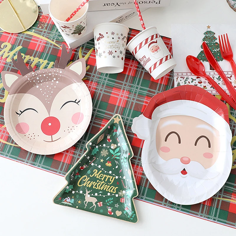 20-teiliges Einweg-Teller-Set mit Cartoon-Motiv für Weihnachtsfeiern, Pappteller, Weihnachtsmann, Weihnachtsbaum, Rentier, gemusterte Teller, Geschirr