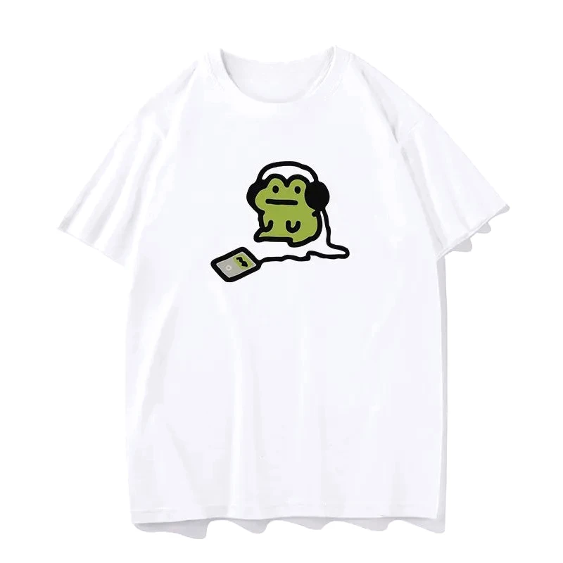 Little Green Frog Listening To Song Printed Men's and Women's Personalized Casual Y2k T-shirt Fashion Trend Top Feminine Clothes
