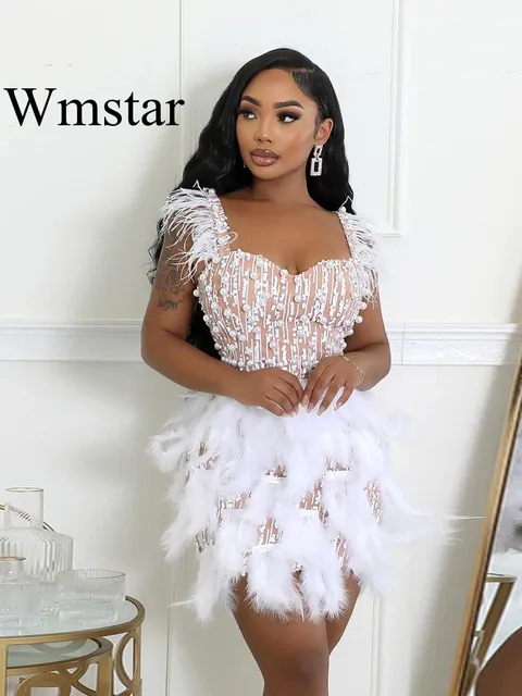 Wmstar Women Dresses New Nail Bead Feather V-neck Waist Cinched Short Luxurious Haute Couture Party Dress Wholesale Dropshipping
