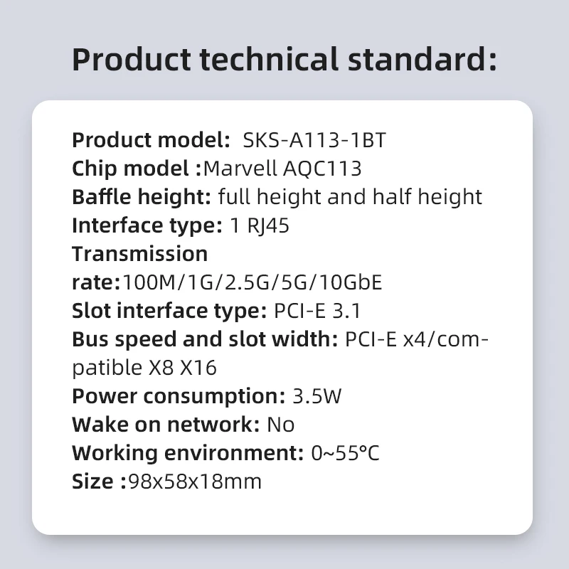 XikeStor PCIE 10G RJ45 Network Card NIC Marvell Host Control, Full-height Universal, 10G Rate, PCIE X4