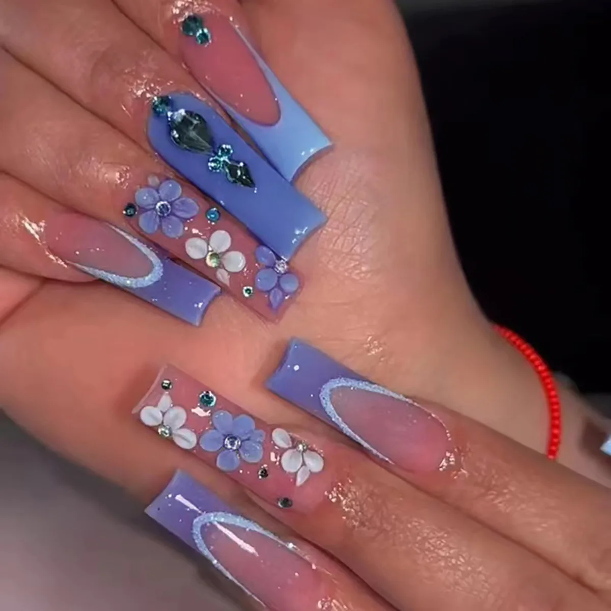 24 pçs azul francês unhas falsas com estrela strass design longo ballet unhas falsas wearable cabeça quadrada cobertura completa imprensa em unhas