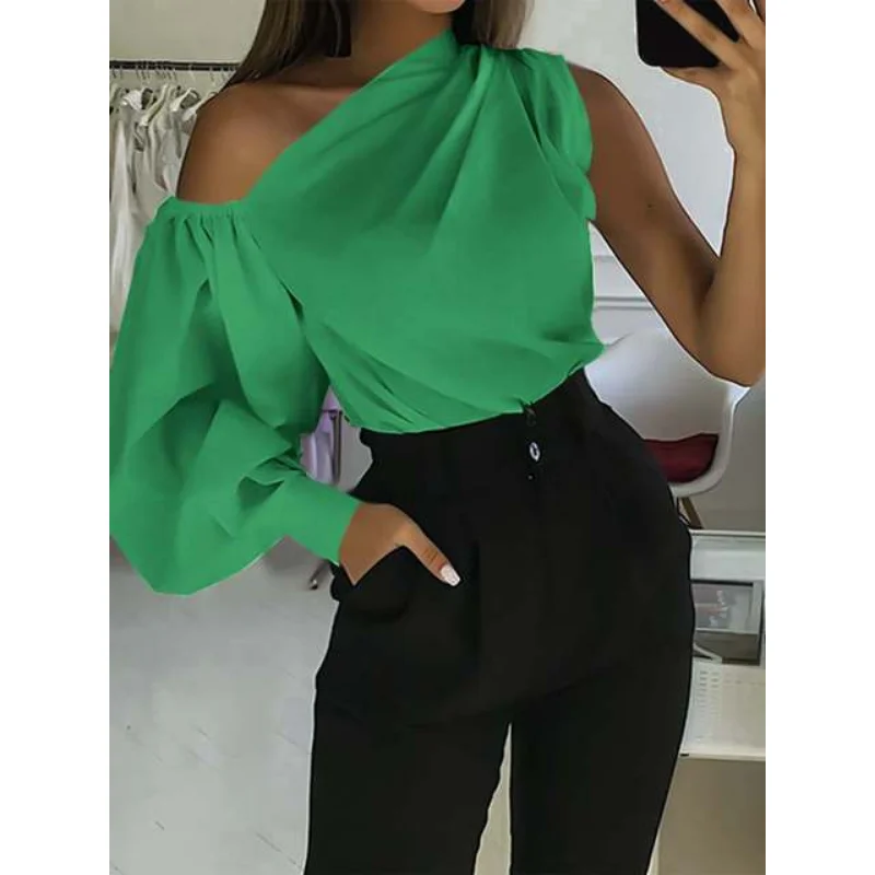 Celmia Asymmetrical Blouse Women 2023 Summer Off Shoulder Blusas Elegant Lantern Long Sleeve Shirt Fashion Ladies Party Tops