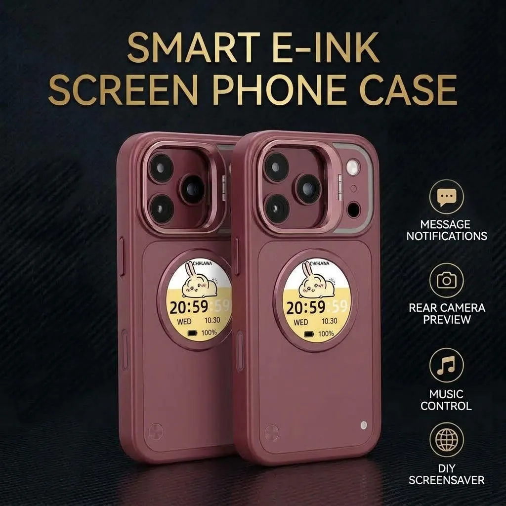 Round E Ink Smart Phone Case,Rear Camera Preview,Message Notifications,Music Control,DIY Wallpaper Case For iPhone 17 18 Pro Max
