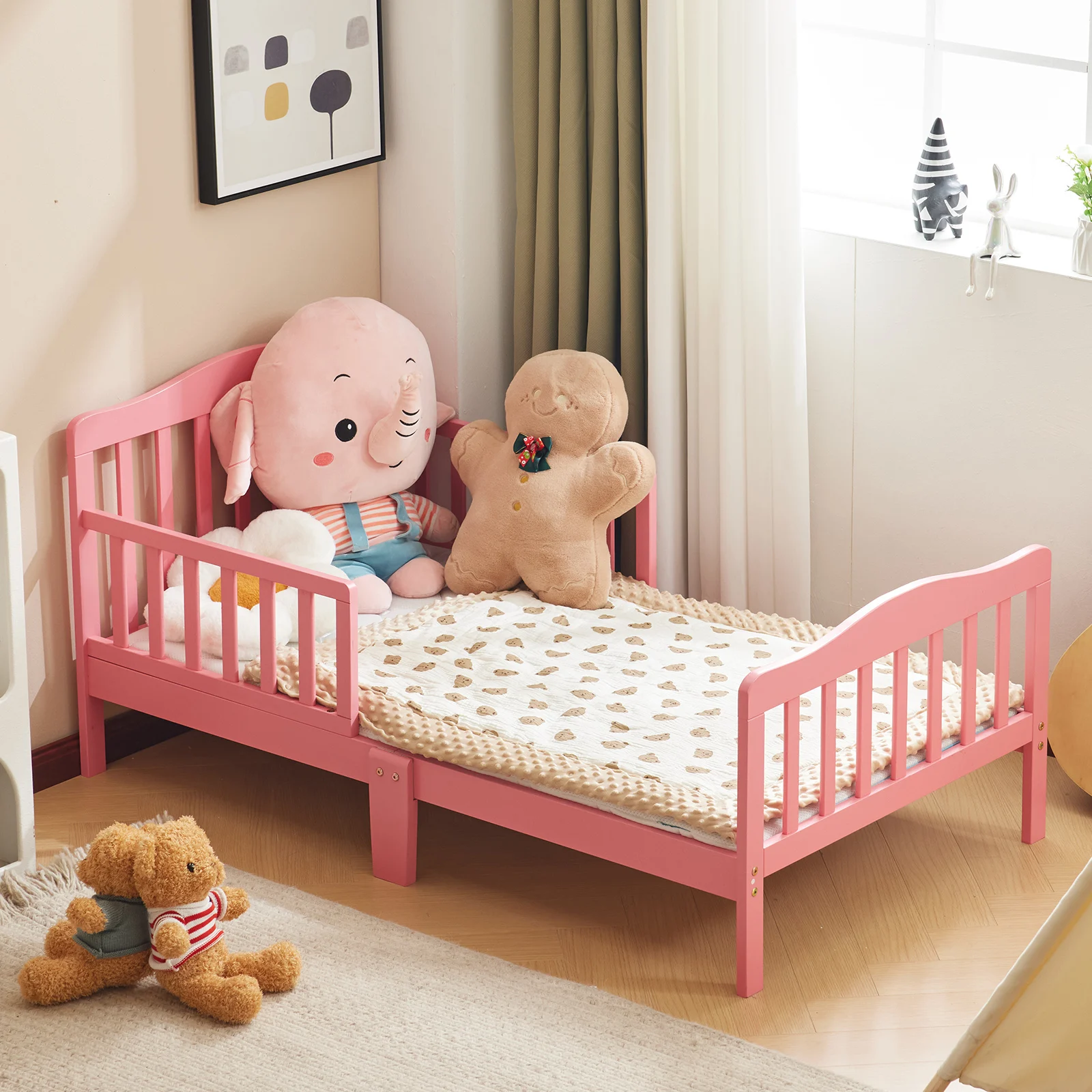 

Single-Tier Vertical Slat Wooden Bed with Side Rails – Pink, Pine, Kids’ Bedroom Furniture Sleep Space 53.1" x 29.5" x 24.6"