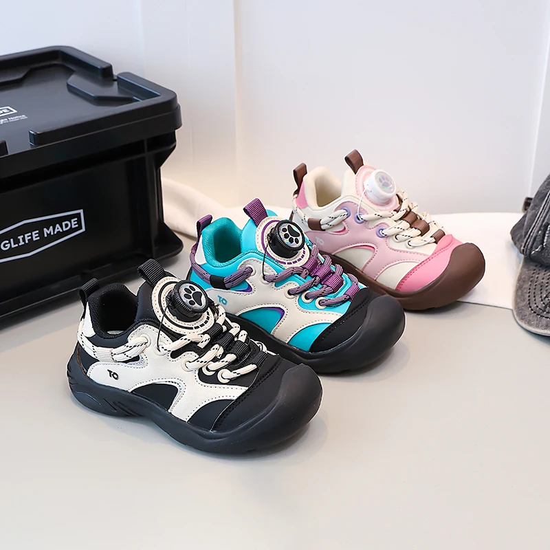 

Детские теннисные туфли с вращающейся кнопкой на ногах, повседневная обувь для мальчиков и девочек с мягкой подошвой, осень 202, новая детская спортивная обувь, мягкая