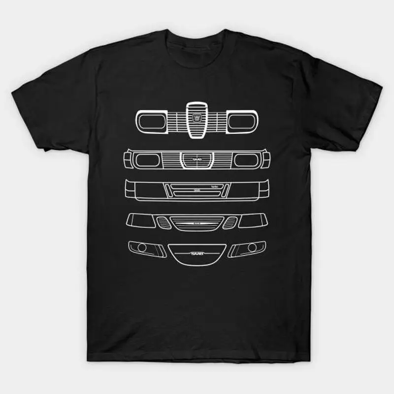 Saab Evolution Classic Cars 1960er 2010er Jahre weißes Outline-Grafik-T-Shirt, hergestellt in Au