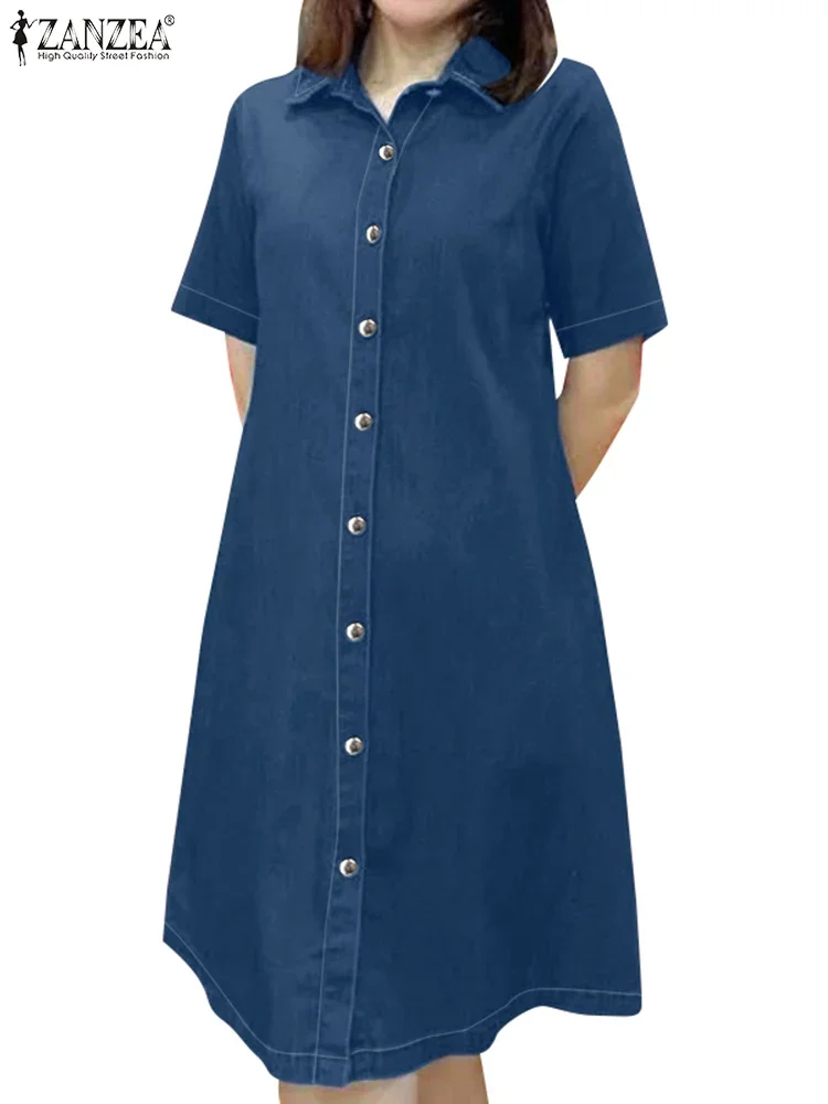 Mode robe d'été Denim bleu robe d'été ZANZEA femmes Vintage revers cou à manches courtes travail robes décontracté solide boutons robes