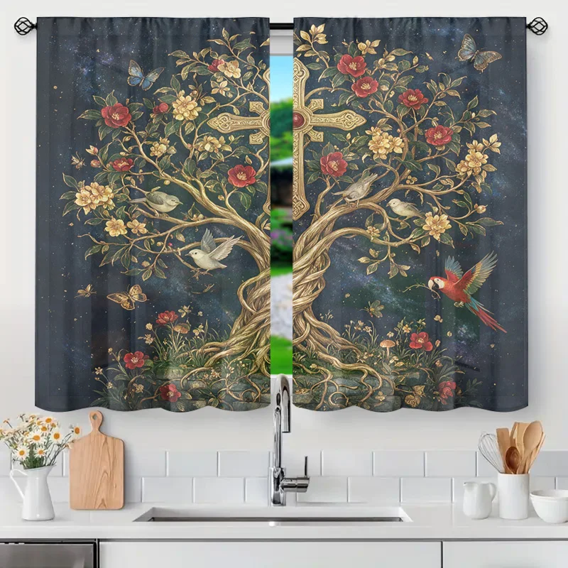 Gothic Tree of Life Curtain Botanical Window Drapery Starry Night Floral Semi-Sheer Spiritual Home Decor Cross Curtains