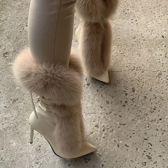 

Pointed Toe Fur Mid Calf Boots Stiletto Heels Ankle Straps Fashion Warm Shoes In Winter Solid Plush Sexy Party Dress Shoes