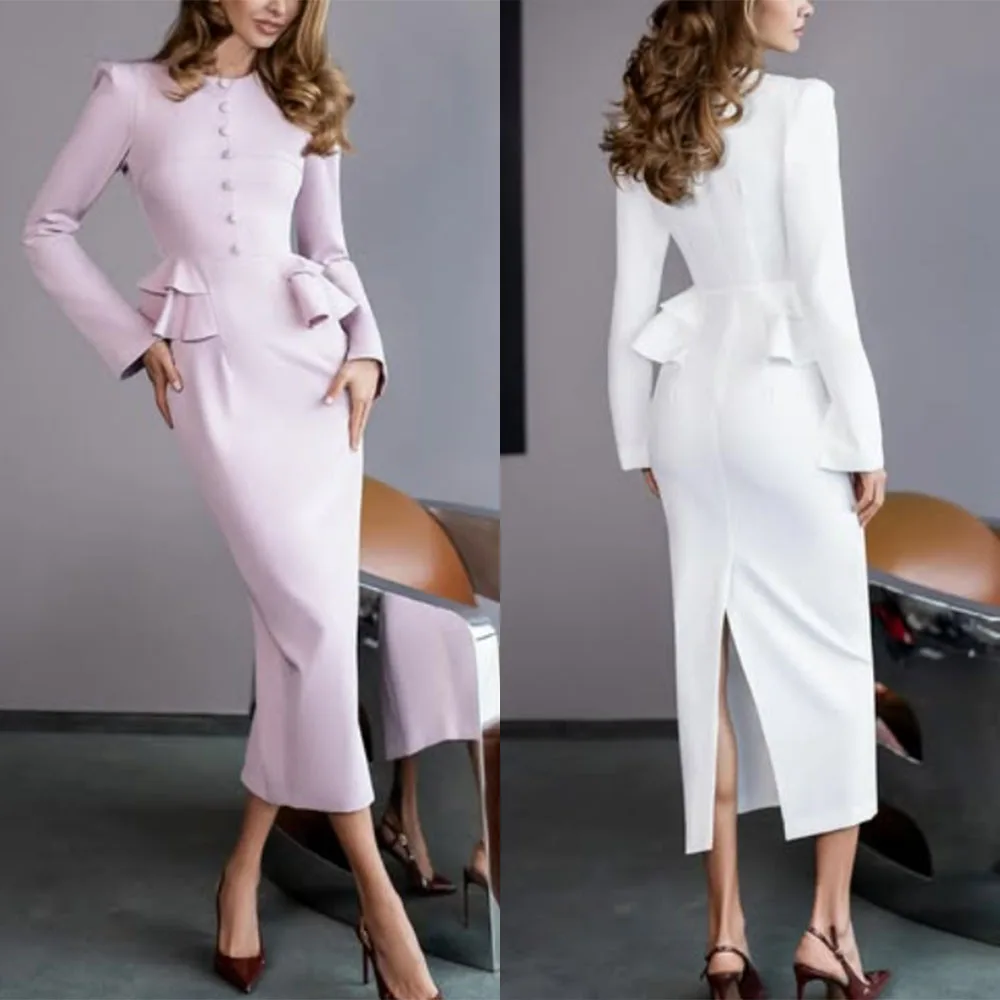 

High Quality Customized O-neck Tea Length Full Sleeves Buttons Fork Woman Wedding Party Dresses Vestido De Festa De Casamento