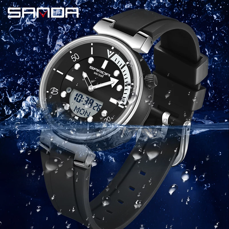 Fashion Sanda Top Luxury Brand Men\'s Watch Sport Waterproof Watches Dual Time Display Quartz Wristwatches Led Digital Electronic