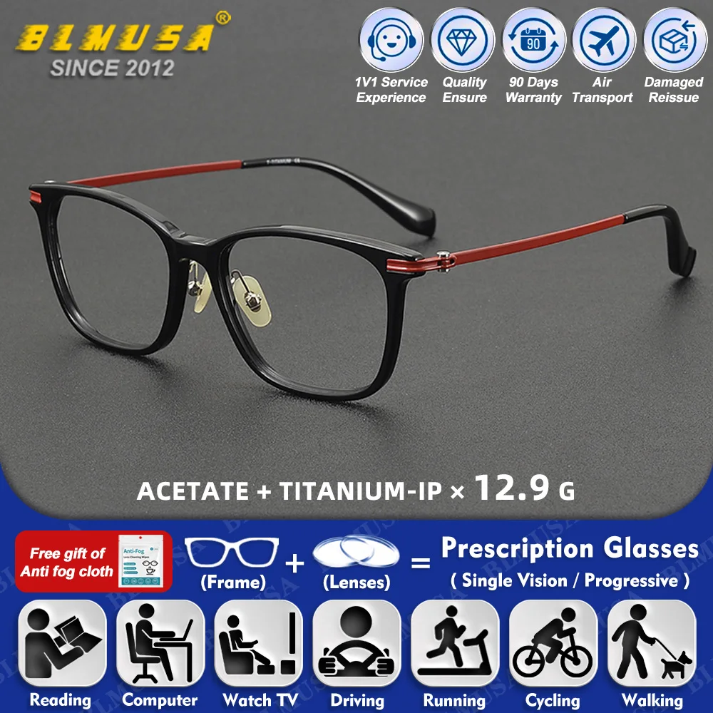 

BLMUSA (L) Fashion Acetate Titanium Square Frame Office Prescription Glasses High Quality Men Anti Blue Light Myopia Eyeglasses
