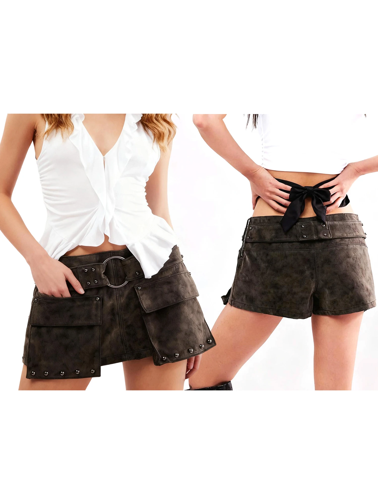 スタイリッシュな女性用ハイウエストプリーツスカート、内蔵ショーツ付き、トレンディなリベット装飾、カジュアルな外出に最適