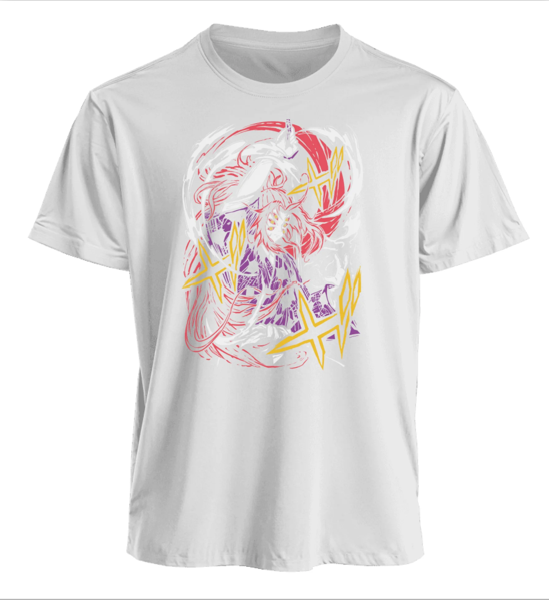 T-shirt anime da guerriero dai capelli rossi con sfondo teschio gigante e stelle da combattimento, maglietta grafica con scena di battaglia in stile Manga dinamico