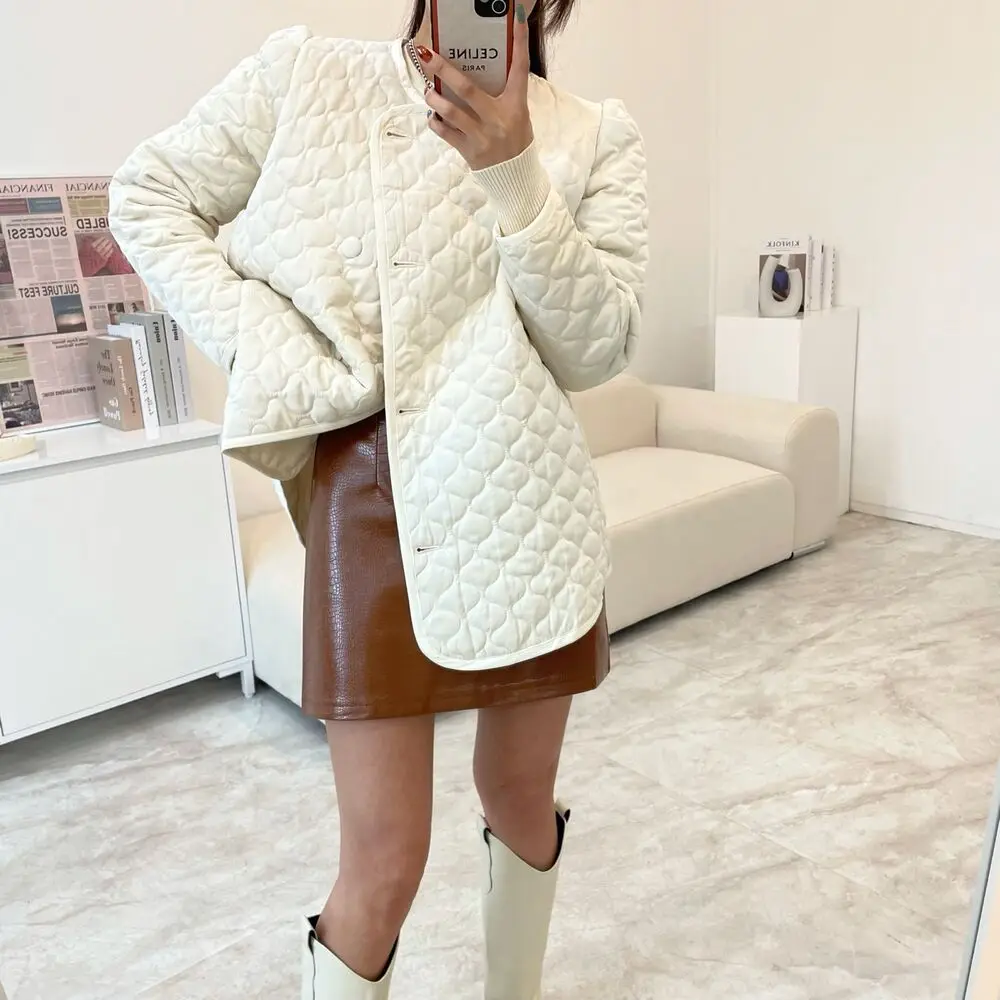 Retro Cotton Jaet Women's round Ne Simple Faion Single Button Belted Waist Cotton Clothes Autumn Winter Commute Sle