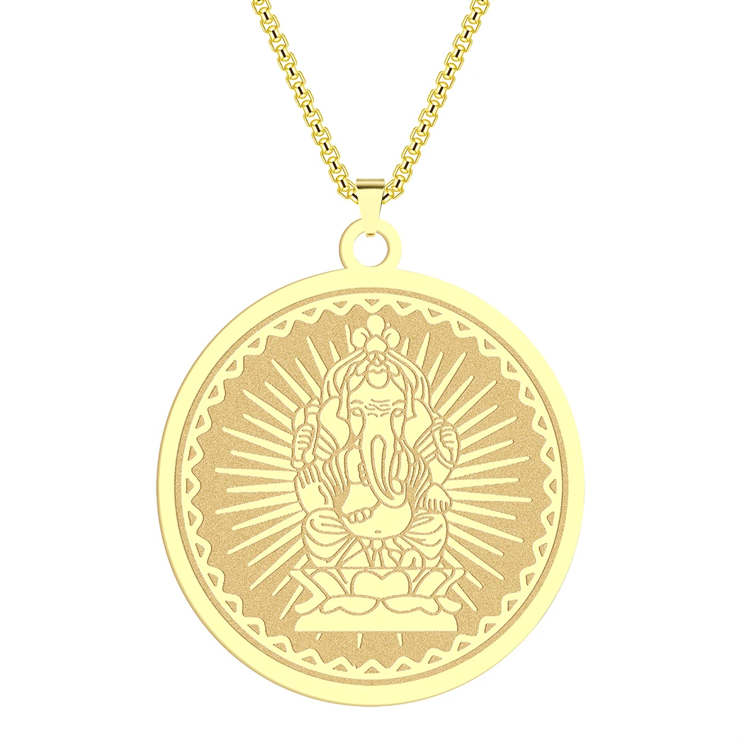 CHENGXUN Hindu Ganesha Coin Pendant Necklace for Men Womens Lord Ganesha Medallion Charm Neck Chain Spirit Totem Jewelry