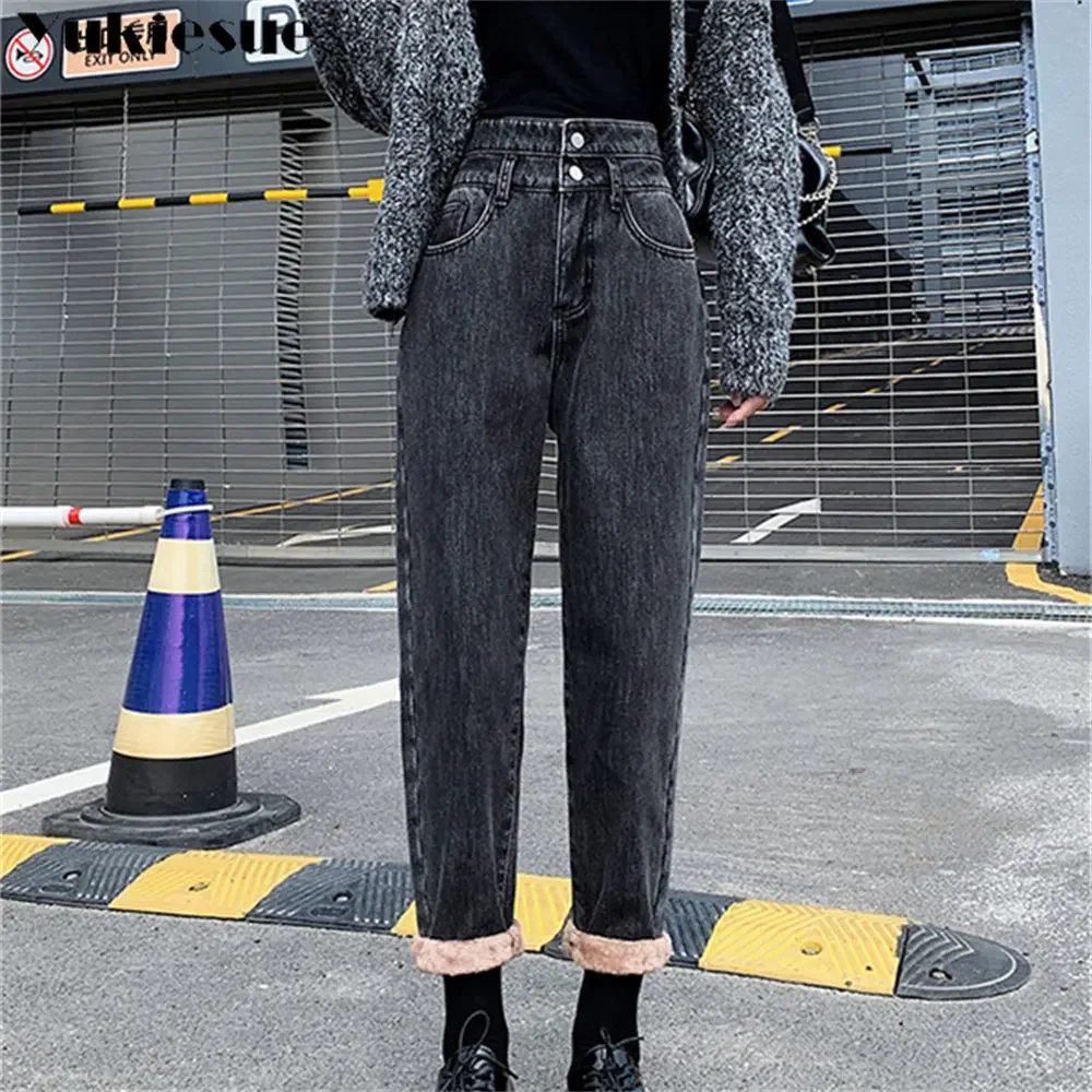 2022 inverno harem calças de brim femininas mulher moda casual solto calças de nabo cintura alta tornozelo comprimento calças femme botão