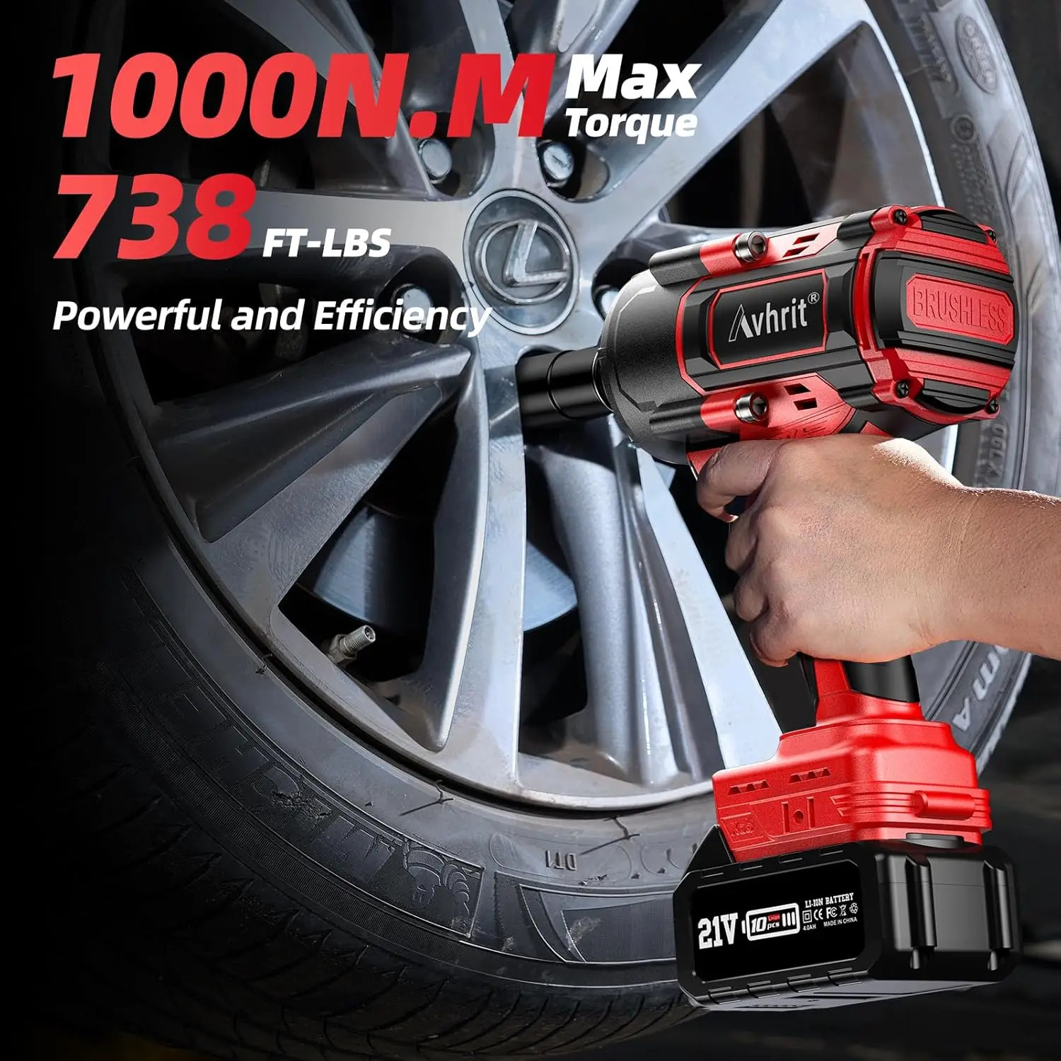 1000Nm(738Ft-Lbs) Cordless Impact Wrench High Torque W/ 2X 4.0Ah Battery, Electric Impact Wrench 1/2 Inch, Power Battery Impact