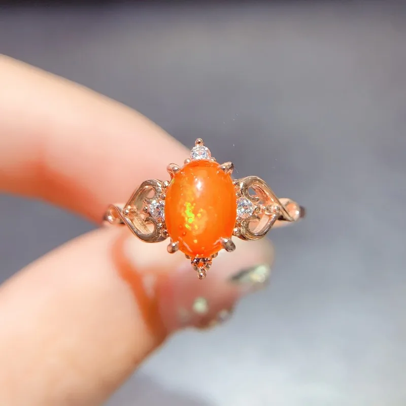 6X8MM Natural Oval Opal Ring 925 Sterling Silver Orange Fire Opal Engagement Ring for Women