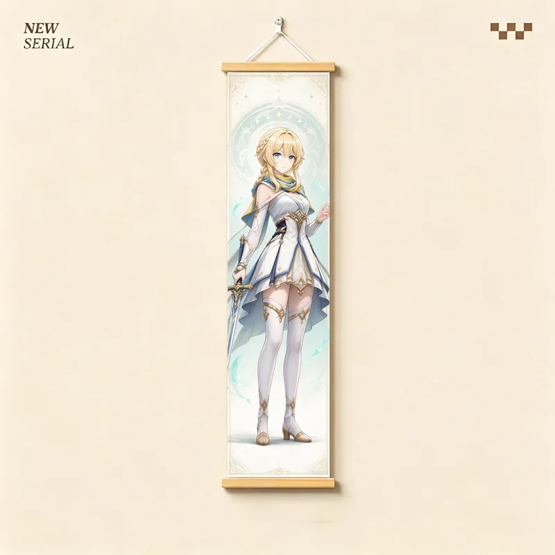 Hanging Scroll Wall Art of Genshin Impact Lumine with Teal Celestial Glow on Silver Shimmer Canvas for an Anime Bedroom