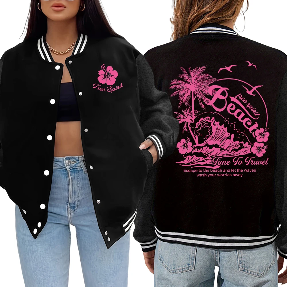 

Free Spirit Beach Time Of Travel Print Womens Veste Autumn Casual Jackets Soft Comfortable Jacket Thicken Basic Baseball Jersey