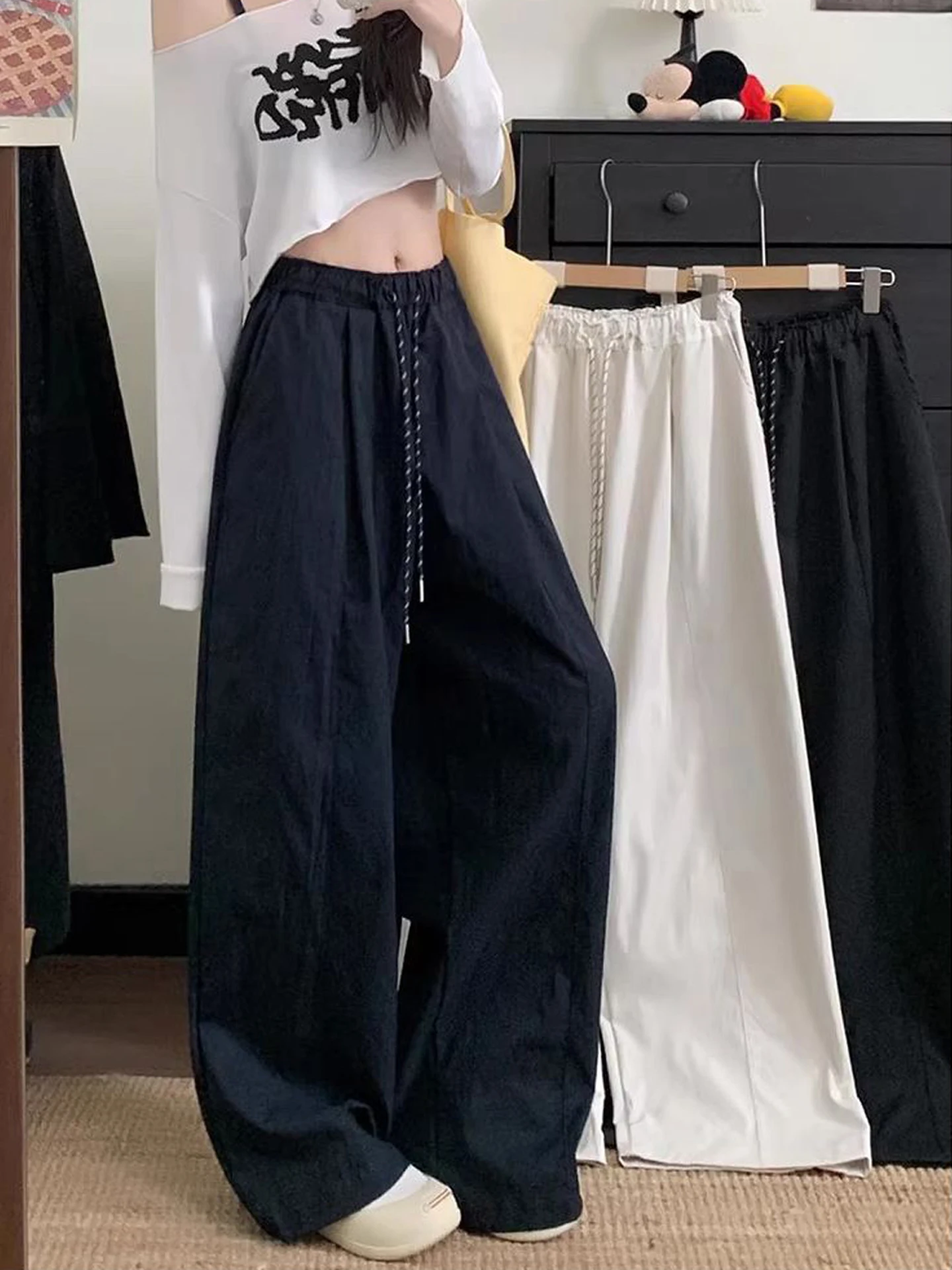 

plus Size Women's Summer Wide Leg Pants High Waist Loose Drapey Straight Long Trousers Comfortable Breathable Polyester Fiber