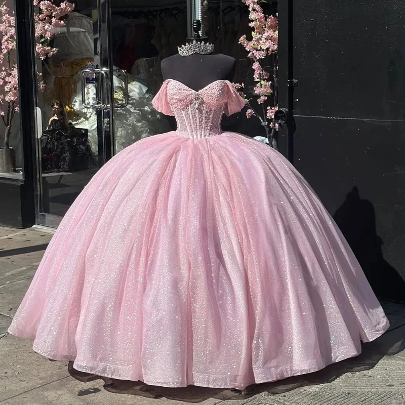 

Pink Glitter Crystal Ruffles Ball Gown Quinceanera Dresses Off The Shoulder Beading Tull Pleat Corset Vestido De 15 Anos