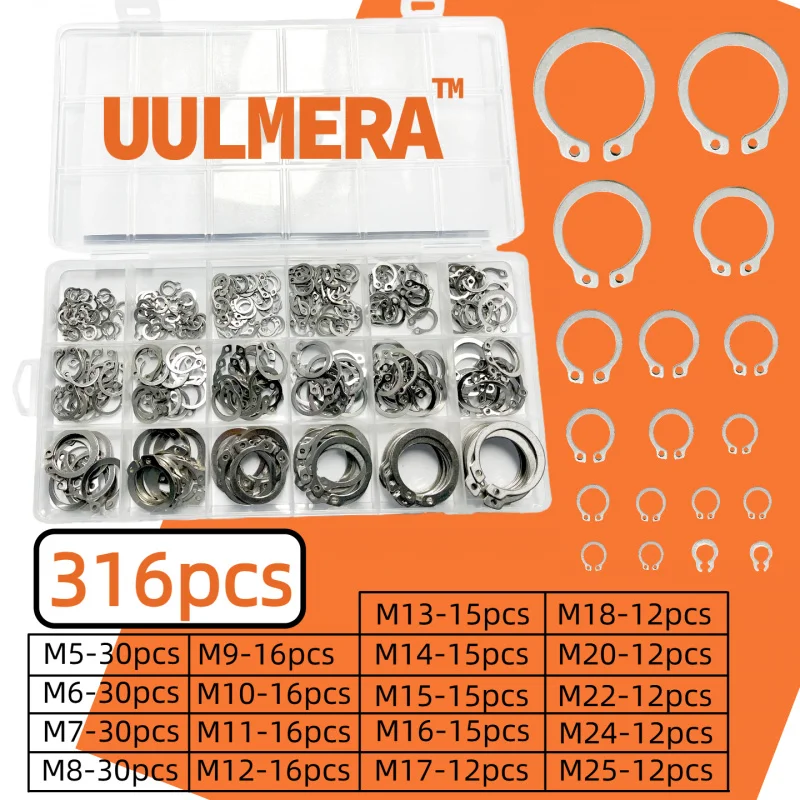 

UULMERA 316PCS Shaft Retaining Rings Includes 18 size (5mm to 25mm) 304 Stainless Steel Retaining Rings For Hole Group Tool Kits