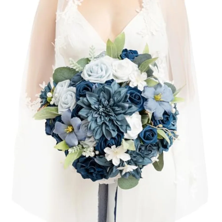 

Navy Blue Bridal Bouquet for Bride Blue Weddg Bouquets for Bride ch Silk Round Artificial Weddg Flowers Bouquets
