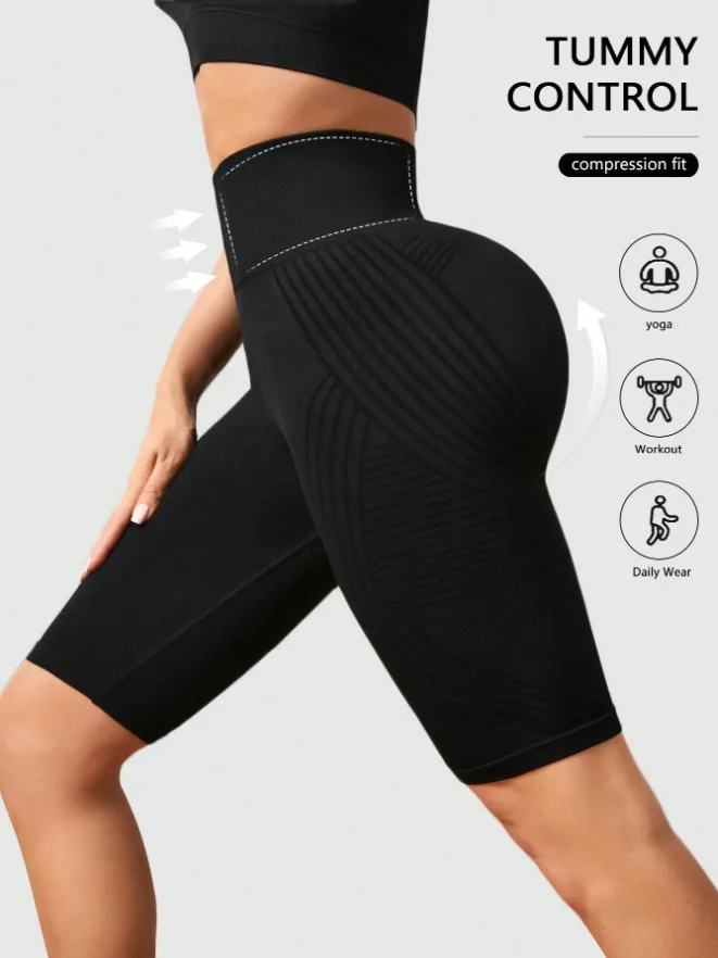 Hoch taillierte, nahtlose Yoga-Shorts für Damen, gestrickt, schmale Shorts, Workout, Laufen, lineare ästhetische Leggings, dehnbare Hip-Lift-Shorts – Detail 2