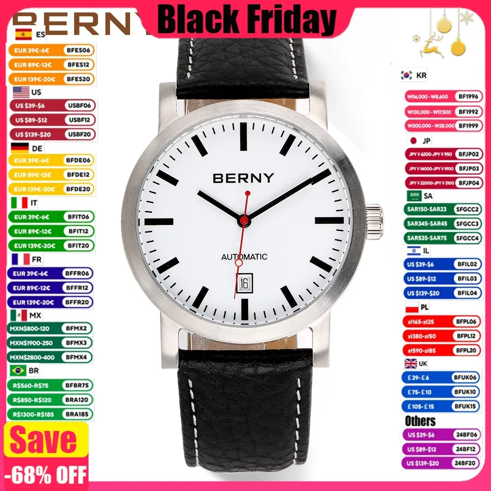 BERNY Watch for Men Mechanical Automatic Watches Seagull Luxury Brand Male Clock Water Resistant Swiss Railway Men's Wristwatch