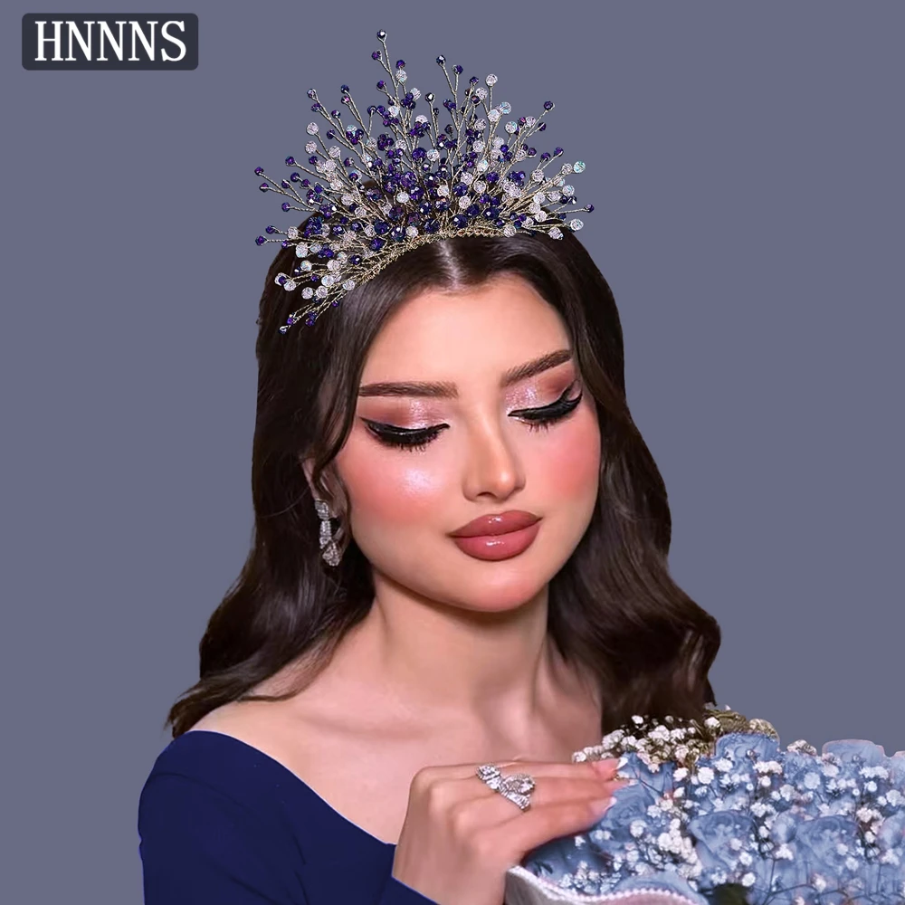 

HNNNS Glamorous Crystal Women's Headpieces Vintage Blue Party Hair Pieces Handmade Braided Bridal Wedding Accessories A326