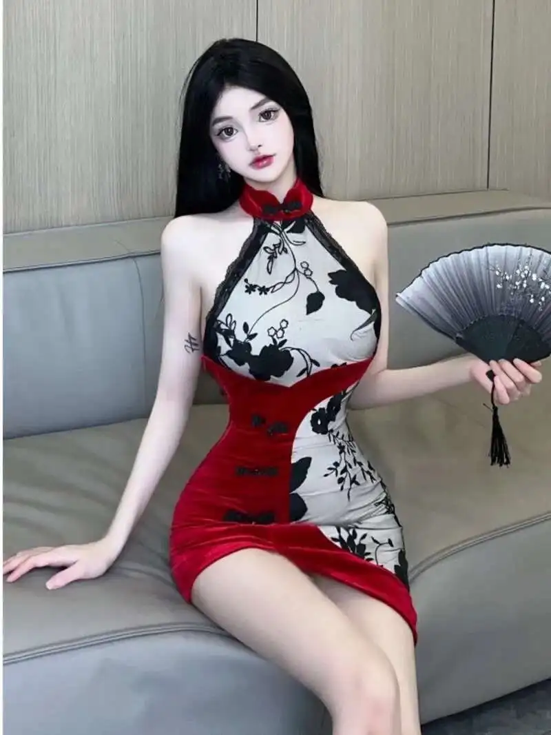 WOMENGAGA Embroidered Flowers Halter Neck Mini Dress Sexy Chinese Style Cheongsam Irregular Dress Elegant Women Fashion WB8K